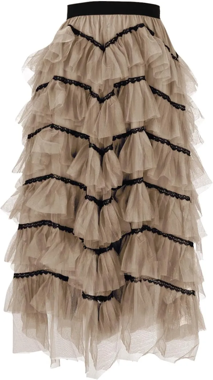 Elegant Layered Ruffle Tulle Skirts for Women High Waist Long Fairy Skirt High Elastic Waist A-Line Mesh Tutu Skirt