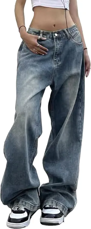 EMMIOL Women Wide Leg Jeans Mid-Low Waist Baggy Jeans Loose Boyfriends Jeans Y2K 90s Denim Pants