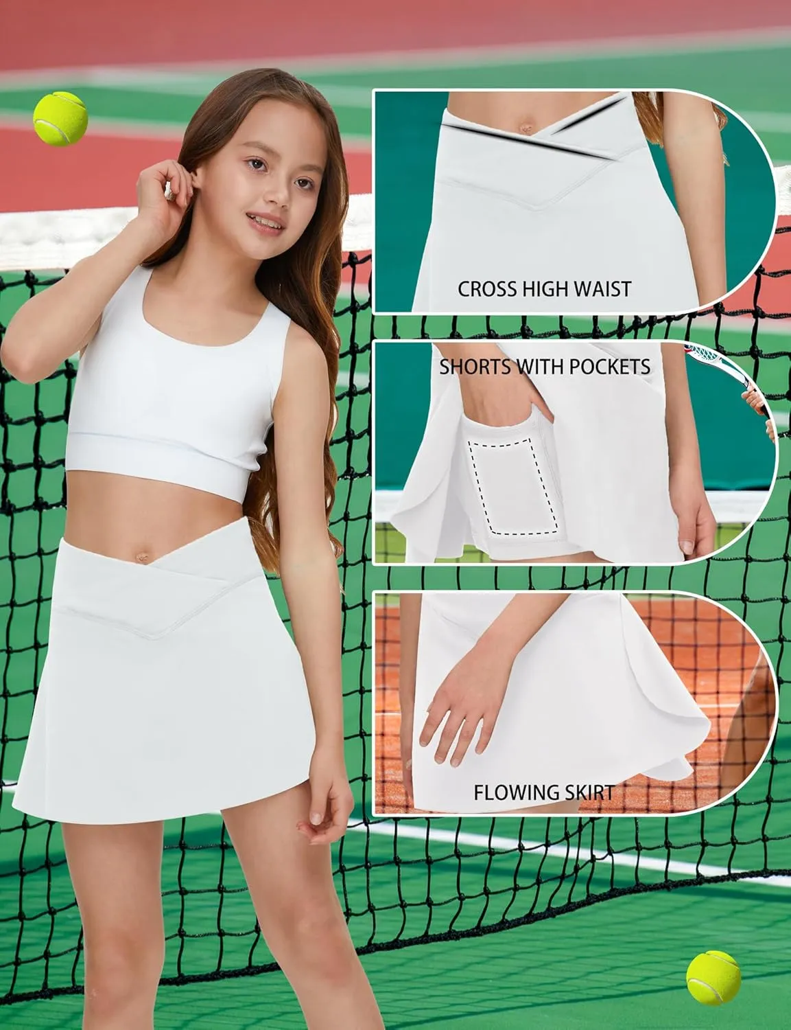 EPLAZA 2 in 1 Girls Pleated Tennis Skirt with Pockets High Wasited Athletic Crossover Design Workout Golf Skorts