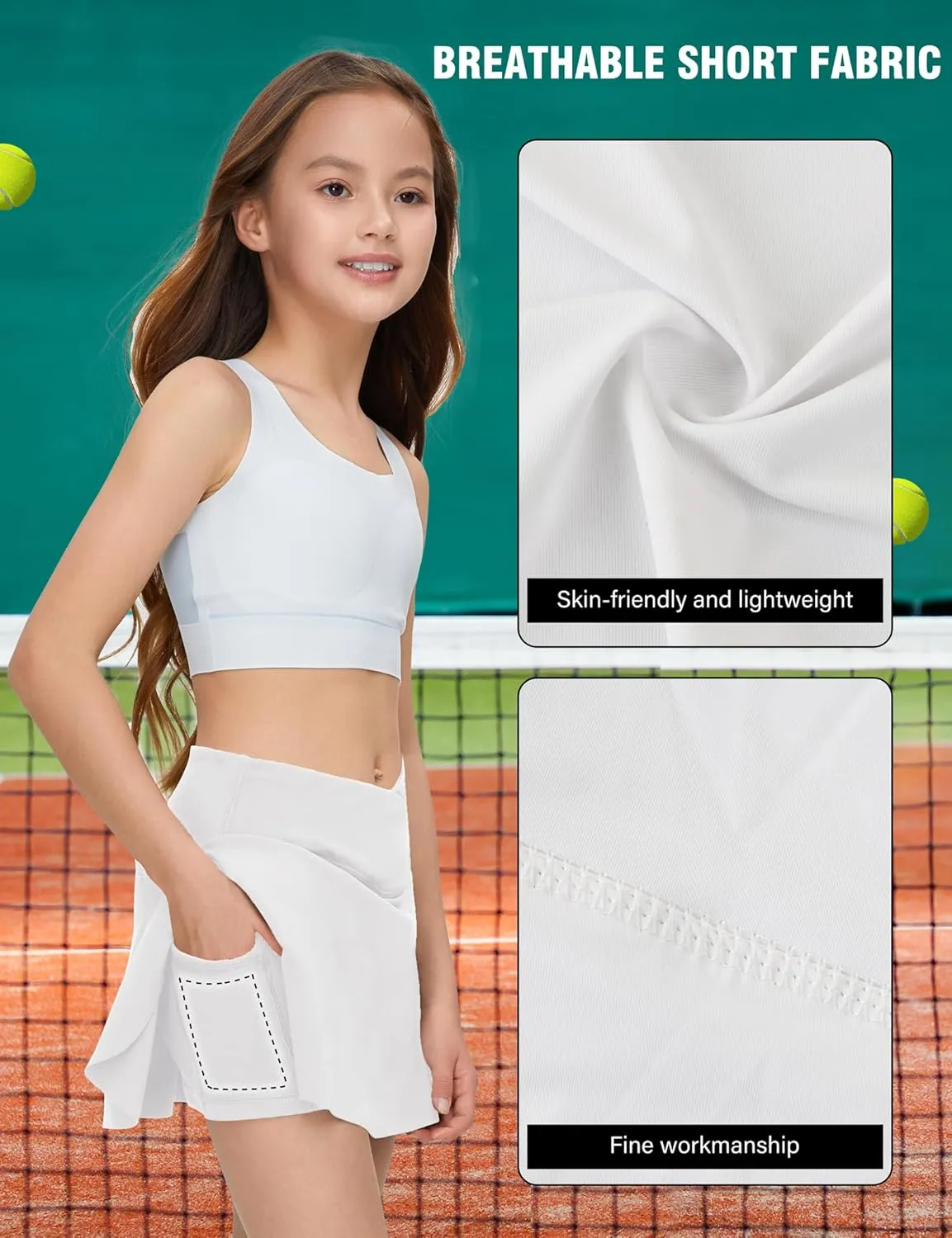 EPLAZA 2 in 1 Girls Pleated Tennis Skirt with Pockets High Wasited Athletic Crossover Design Workout Golf Skorts