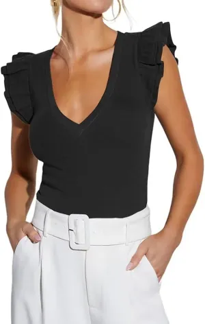 Ezbelle Women's Summer Sleeveless Tops V Neck Ruffle Shirts Ribbed Knit Tank Top Sexy Blouse Ladies Clothes 2025