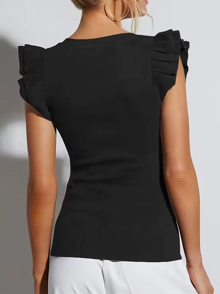 Ezbelle Women's Summer Sleeveless Tops V Neck Ruffle Shirts Ribbed Knit Tank Top Sexy Blouse Ladies Clothes 2025