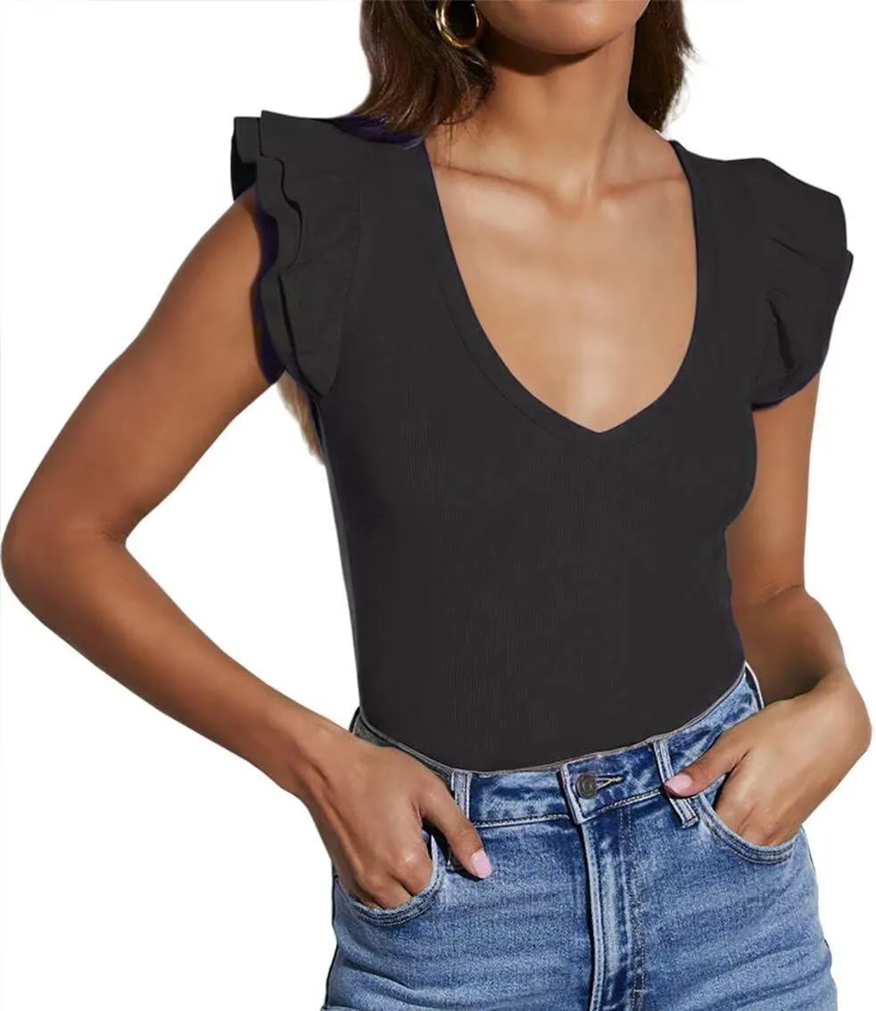 Ezbelle Women's Summer Sleeveless Tops V Neck Ruffle Shirts Ribbed Knit Tank Top Sexy Blouse Ladies Clothes 2025