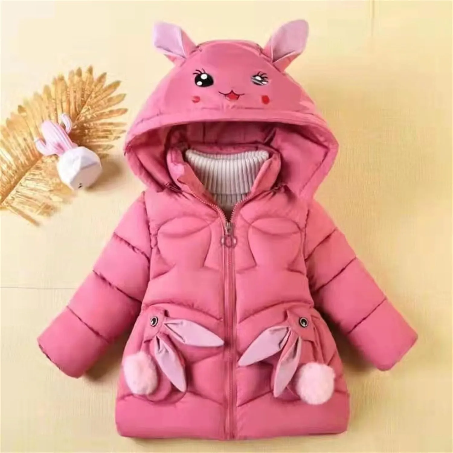 Fall Girls Winter Coats Faux  Hooded Rabbit Style Warm Cotton Padded Down Jacket Snowsuit for Toddler Girl