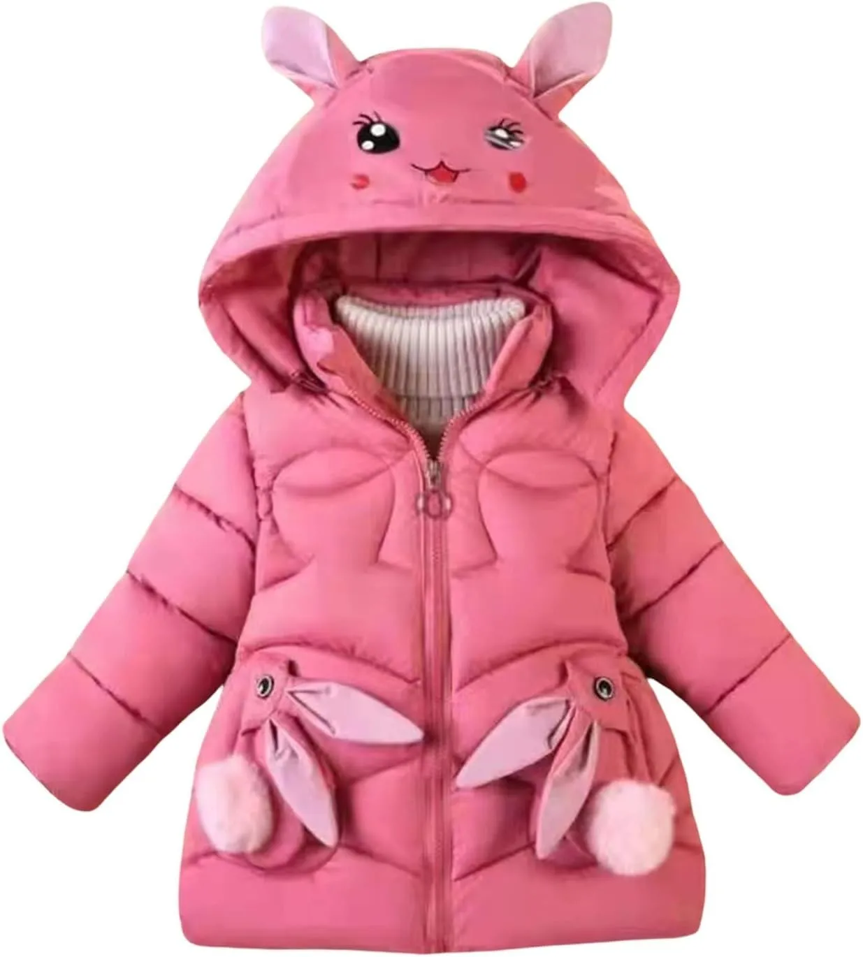 Fall Girls Winter Coats Faux  Hooded Rabbit Style Warm Cotton Padded Down Jacket Snowsuit for Toddler Girl