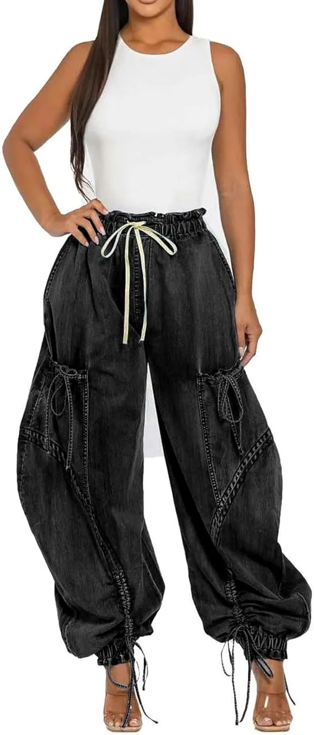Famnbro Womens Barrel Jeans Baggy Cargo Jogger Y2k Drawstring Bow Jeans Sweatpants Wide Leg Denim Pants