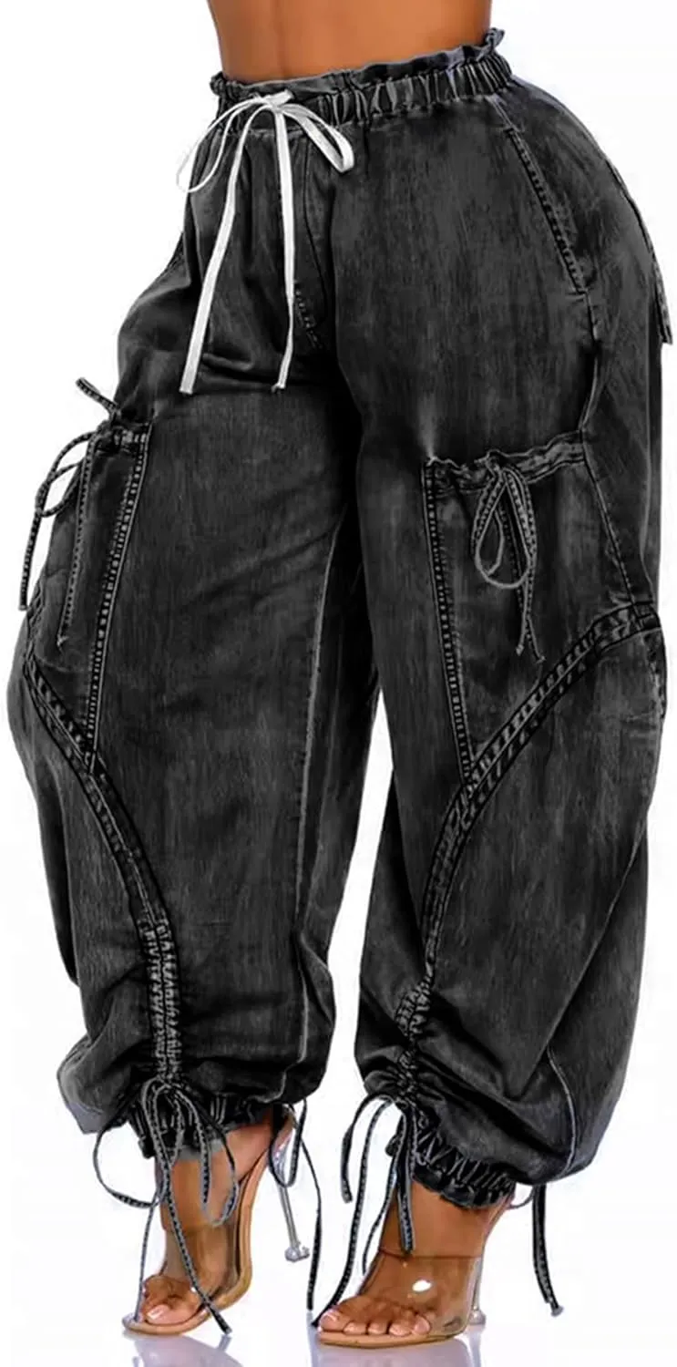 Famnbro Womens Barrel Jeans Baggy Cargo Jogger Y2k Drawstring Bow Jeans Sweatpants Wide Leg Denim Pants