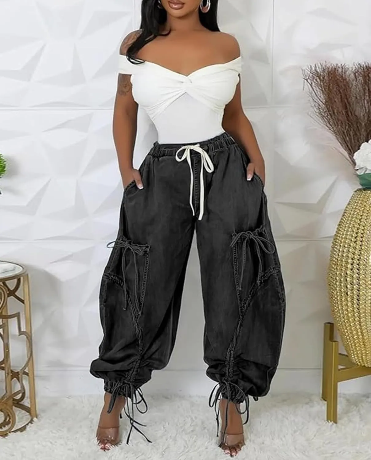 Famnbro Womens Barrel Jeans Baggy Cargo Jogger Y2k Drawstring Bow Jeans Sweatpants Wide Leg Denim Pants