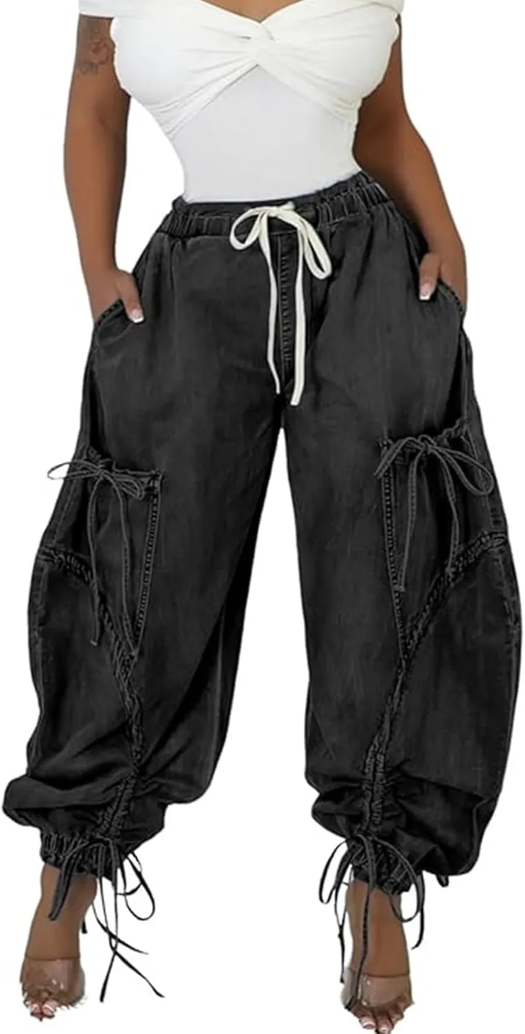 Famnbro Womens Barrel Jeans Baggy Cargo Jogger Y2k Drawstring Bow Jeans Sweatpants Wide Leg Denim Pants