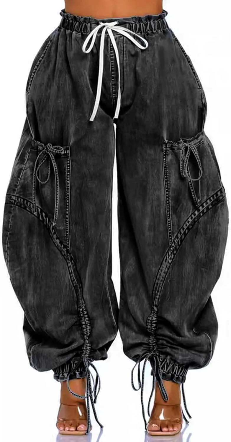 Famnbro Womens Barrel Jeans Baggy Cargo Jogger Y2k Drawstring Bow Jeans Sweatpants Wide Leg Denim Pants