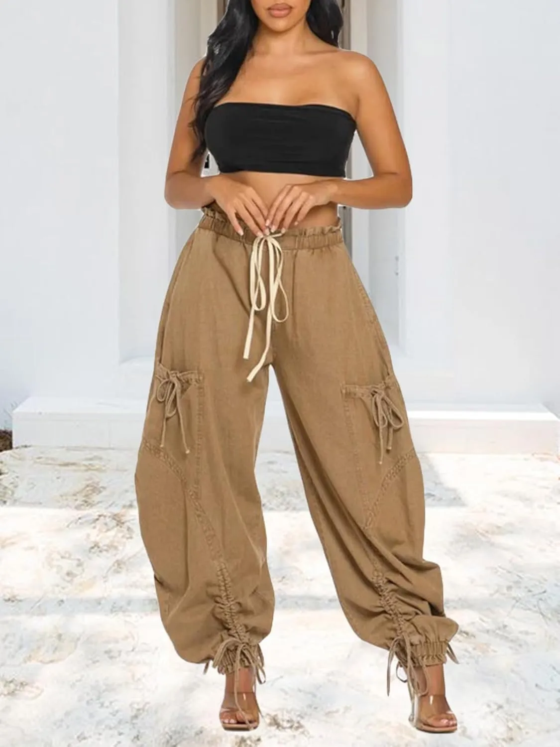 Famnbro Womens Barrel Jeans Baggy Cargo Jogger Y2k Drawstring Bow Jeans Sweatpants Wide Leg Denim Pants