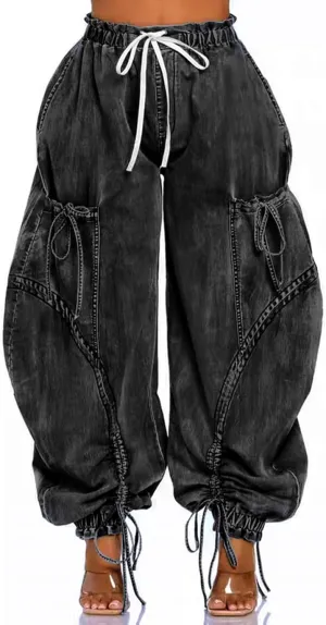 Famnbro Womens Barrel Jeans Baggy Cargo Jogger Y2k Drawstring Bow Jeans Sweatpants Wide Leg Denim Pants
