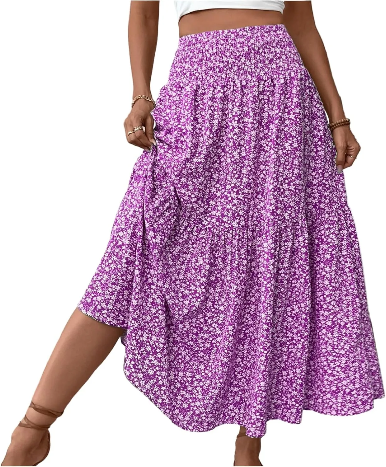 fanmpghleoo Long Skirts for Women Boho Beach Vacation Tiered Maxi Skirt Summer Bohemian High Waisted Skirts A Line Midi Skirt