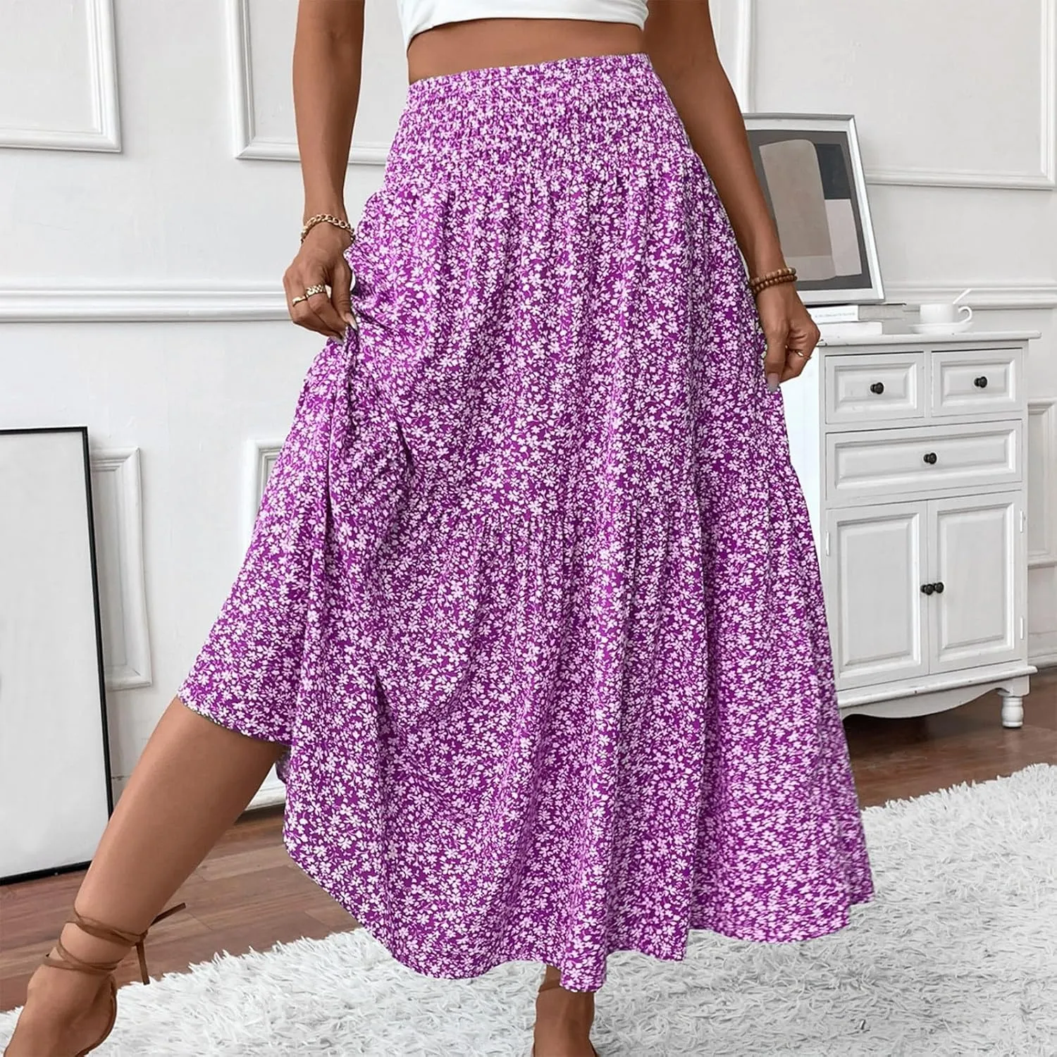 fanmpghleoo Long Skirts for Women Boho Beach Vacation Tiered Maxi Skirt Summer Bohemian High Waisted Skirts A Line Midi Skirt