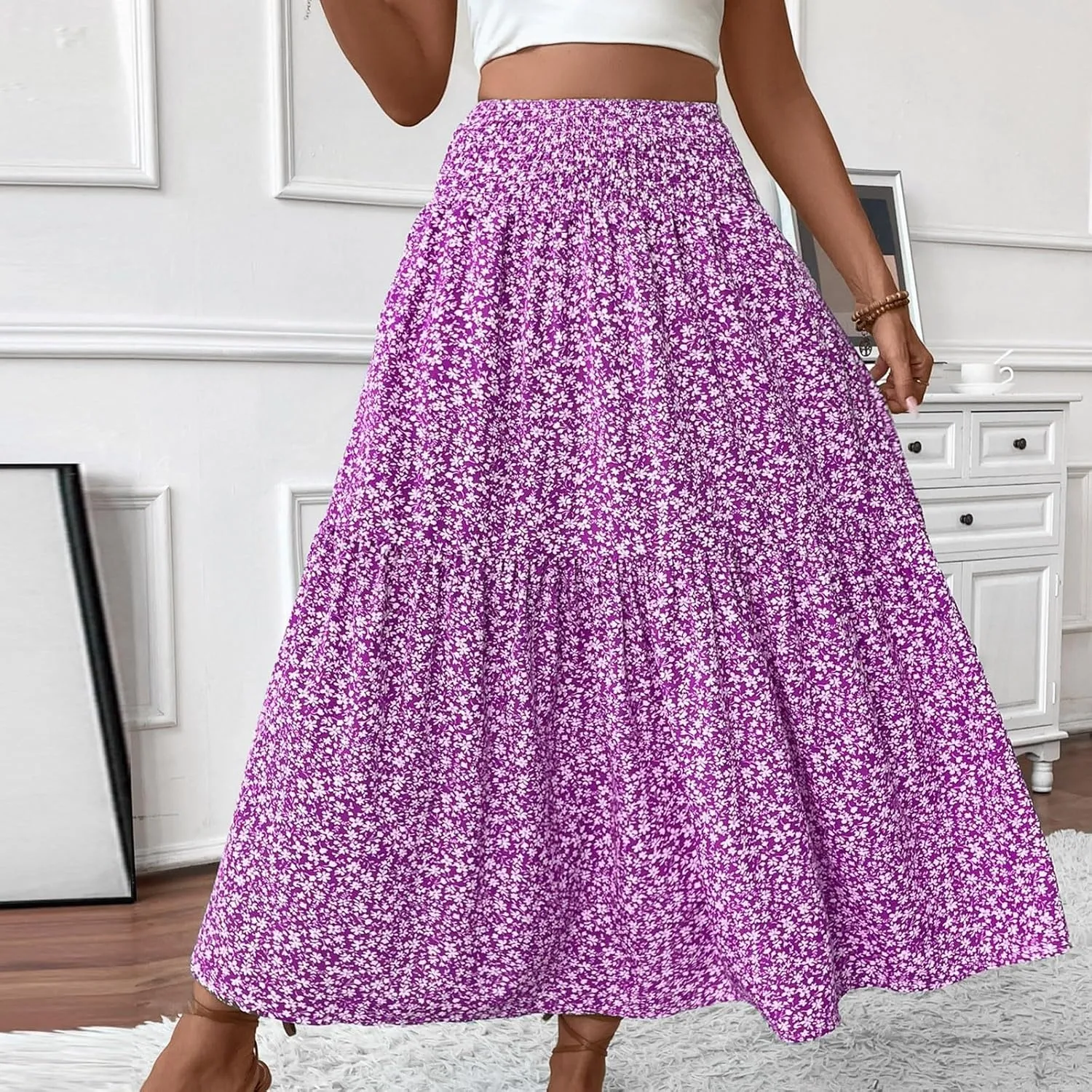 fanmpghleoo Long Skirts for Women Boho Beach Vacation Tiered Maxi Skirt Summer Bohemian High Waisted Skirts A Line Midi Skirt