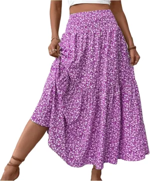 fanmpghleoo Long Skirts for Women Boho Beach Vacation Tiered Maxi Skirt Summer Bohemian High Waisted Skirts A Line Midi Skirt