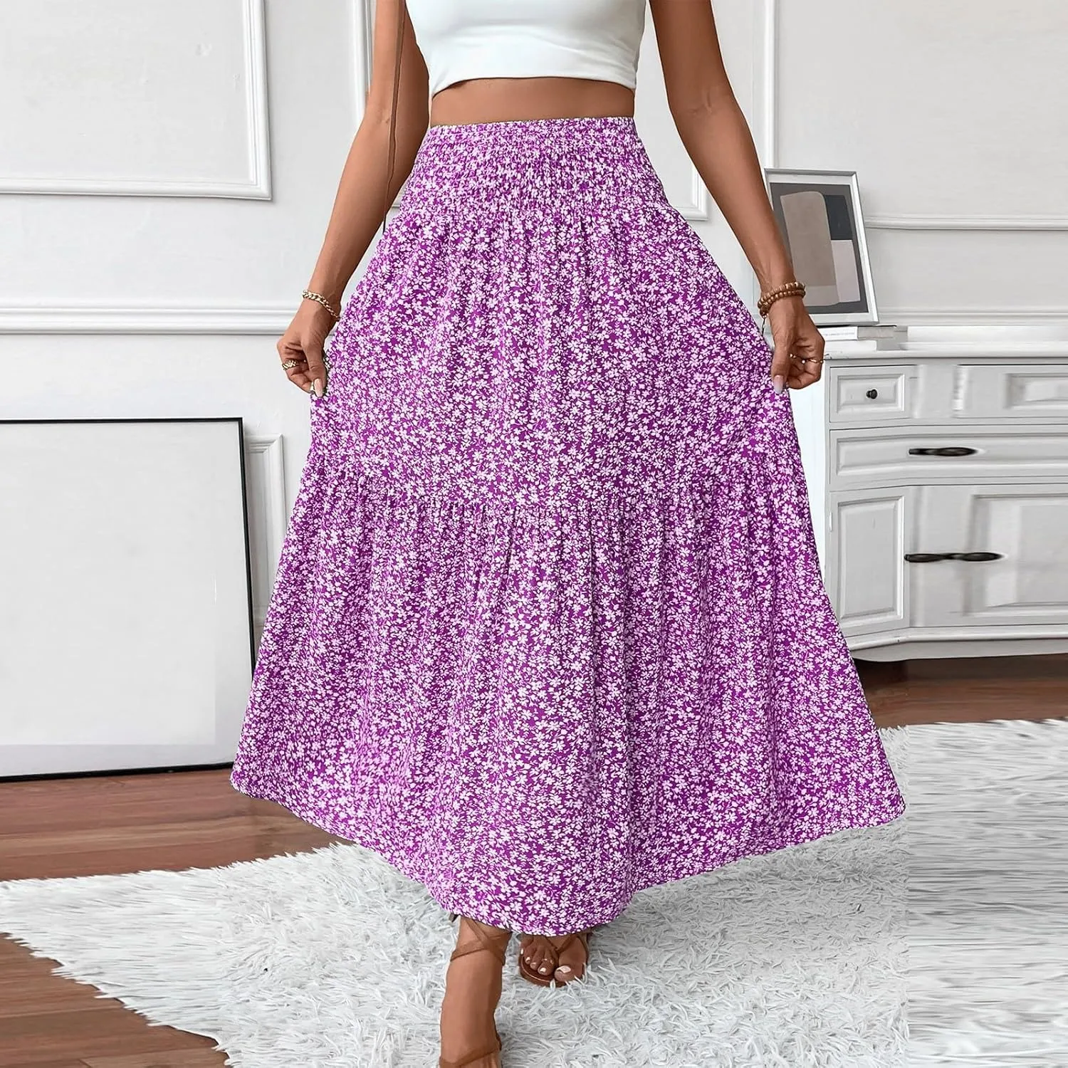 fanmpghleoo Long Skirts for Women Boho Beach Vacation Tiered Maxi Skirt Summer Bohemian High Waisted Skirts A Line Midi Skirt