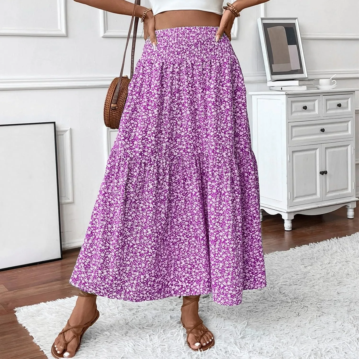 fanmpghleoo Long Skirts for Women Boho Beach Vacation Tiered Maxi Skirt Summer Bohemian High Waisted Skirts A Line Midi Skirt