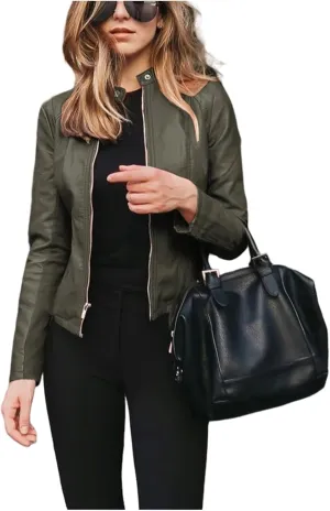 Faux Leather Jacket for Women Zip Up PU Bomber Jacket Casual Long Sleeve Vintage Coats Cropped Slim Motorcycle Coat
