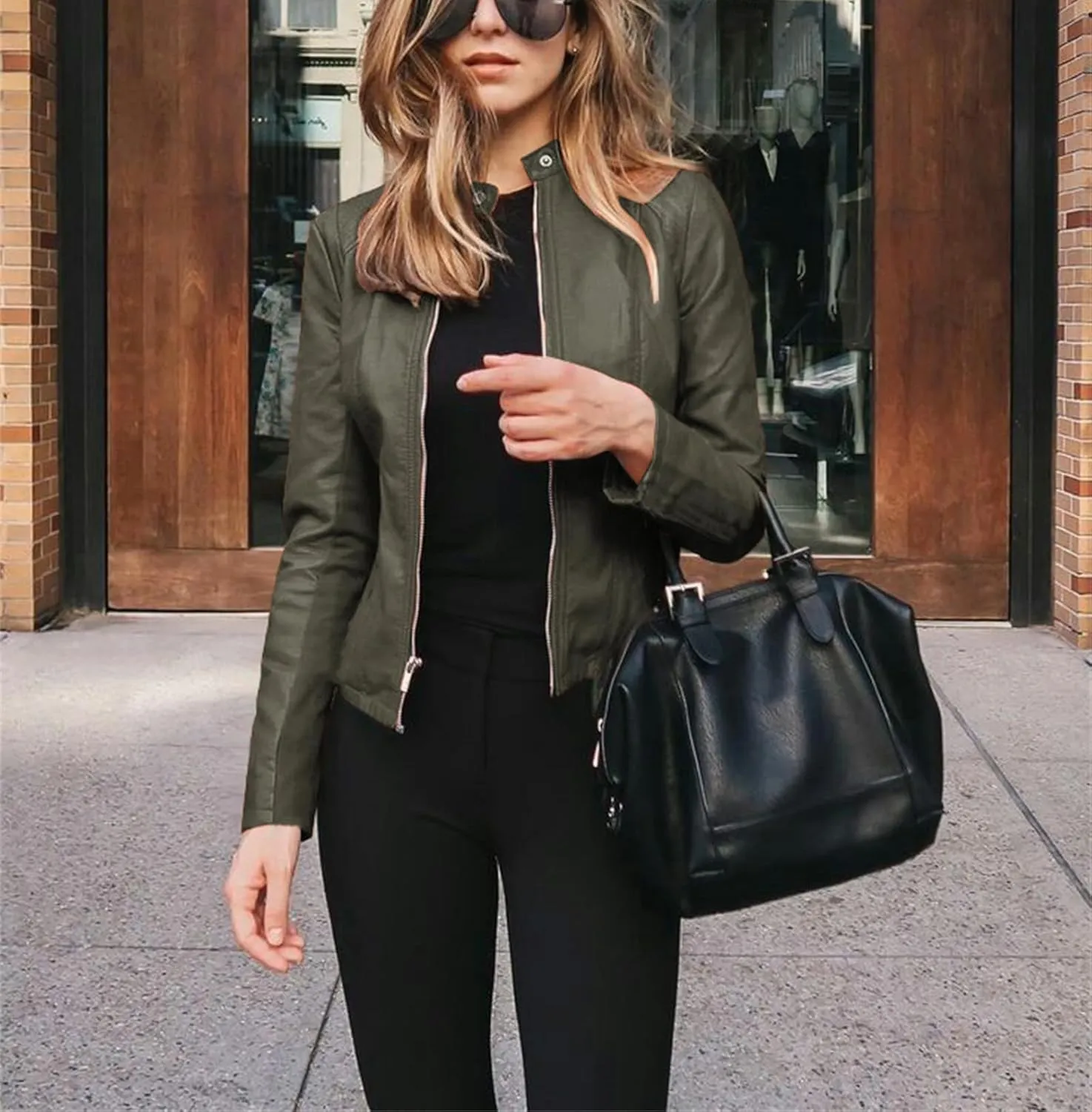 Faux Leather Jacket for Women Zip Up PU Bomber Jacket Casual Long Sleeve Vintage Coats Cropped Slim Motorcycle Coat
