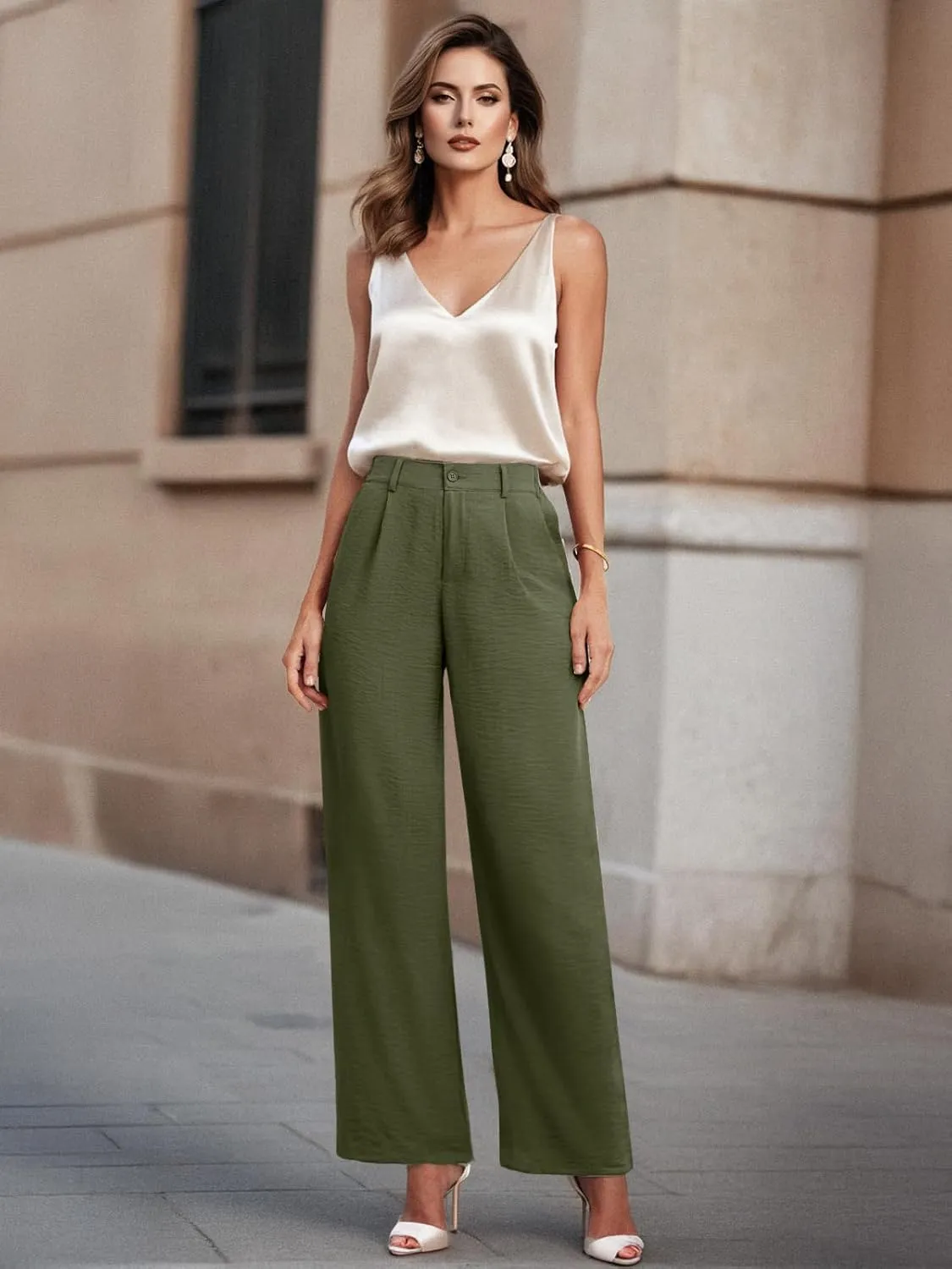 Feiersi Womens Casual Wide Leg Pants High Waisted Button Down Straight Long Trousers Palazzo Pants