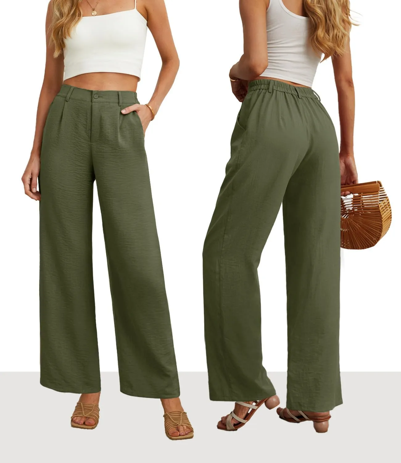 Feiersi Womens Casual Wide Leg Pants High Waisted Button Down Straight Long Trousers Palazzo Pants