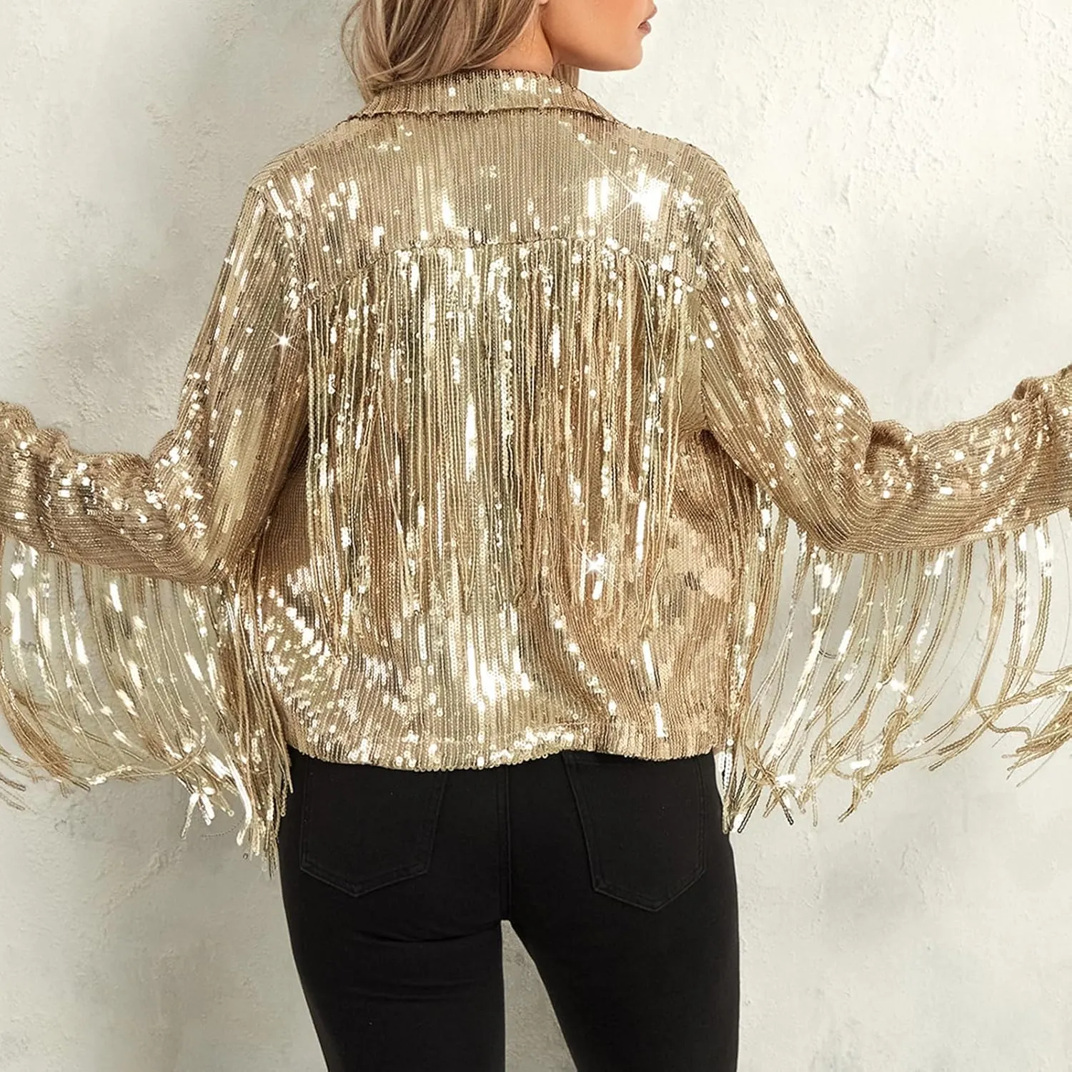 FEORJGP Women Sparkly Sequin Jacket Shiny Glitter Tassel Fringe Hem Disco Jacket Sequin Fringe Jacket Coat Y2K 90s Streetwear