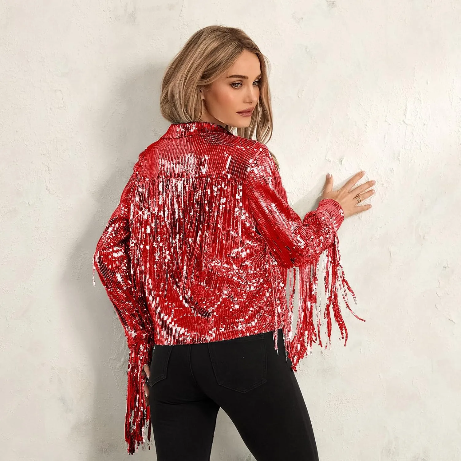 FEORJGP Women Sparkly Sequin Jacket Shiny Glitter Tassel Fringe Hem Disco Jacket Sequin Fringe Jacket Coat Y2K 90s Streetwear