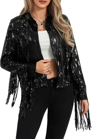 FEORJGP Women Sparkly Sequin Jacket Shiny Glitter Tassel Fringe Hem Disco Jacket Sequin Fringe Jacket Coat Y2K 90s Streetwear