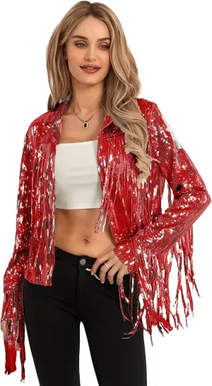 FEORJGP Women Sparkly Sequin Jacket Shiny Glitter Tassel Fringe Hem Disco Jacket Sequin Fringe Jacket Coat Y2K 90s Streetwear