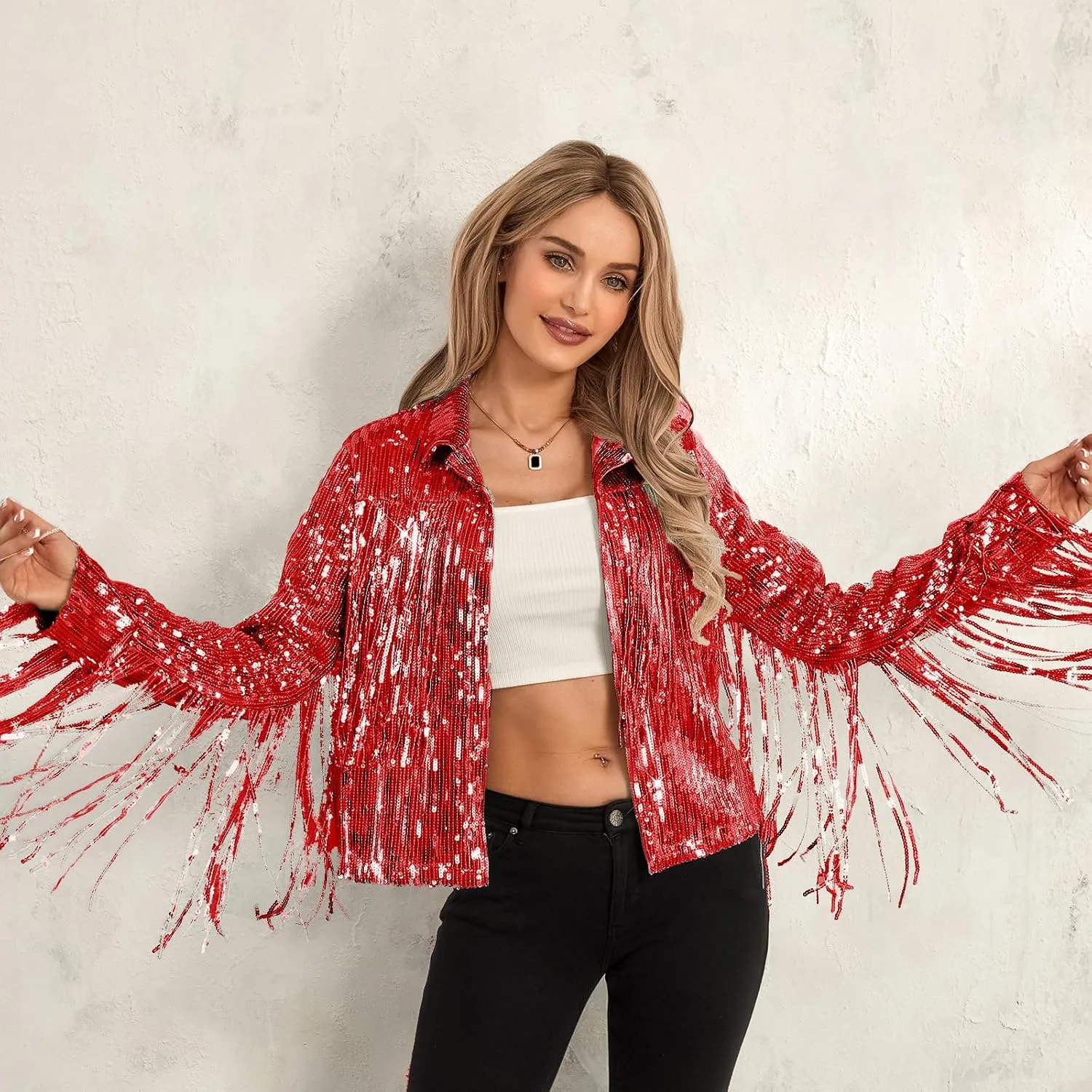 FEORJGP Women Sparkly Sequin Jacket Shiny Glitter Tassel Fringe Hem Disco Jacket Sequin Fringe Jacket Coat Y2K 90s Streetwear