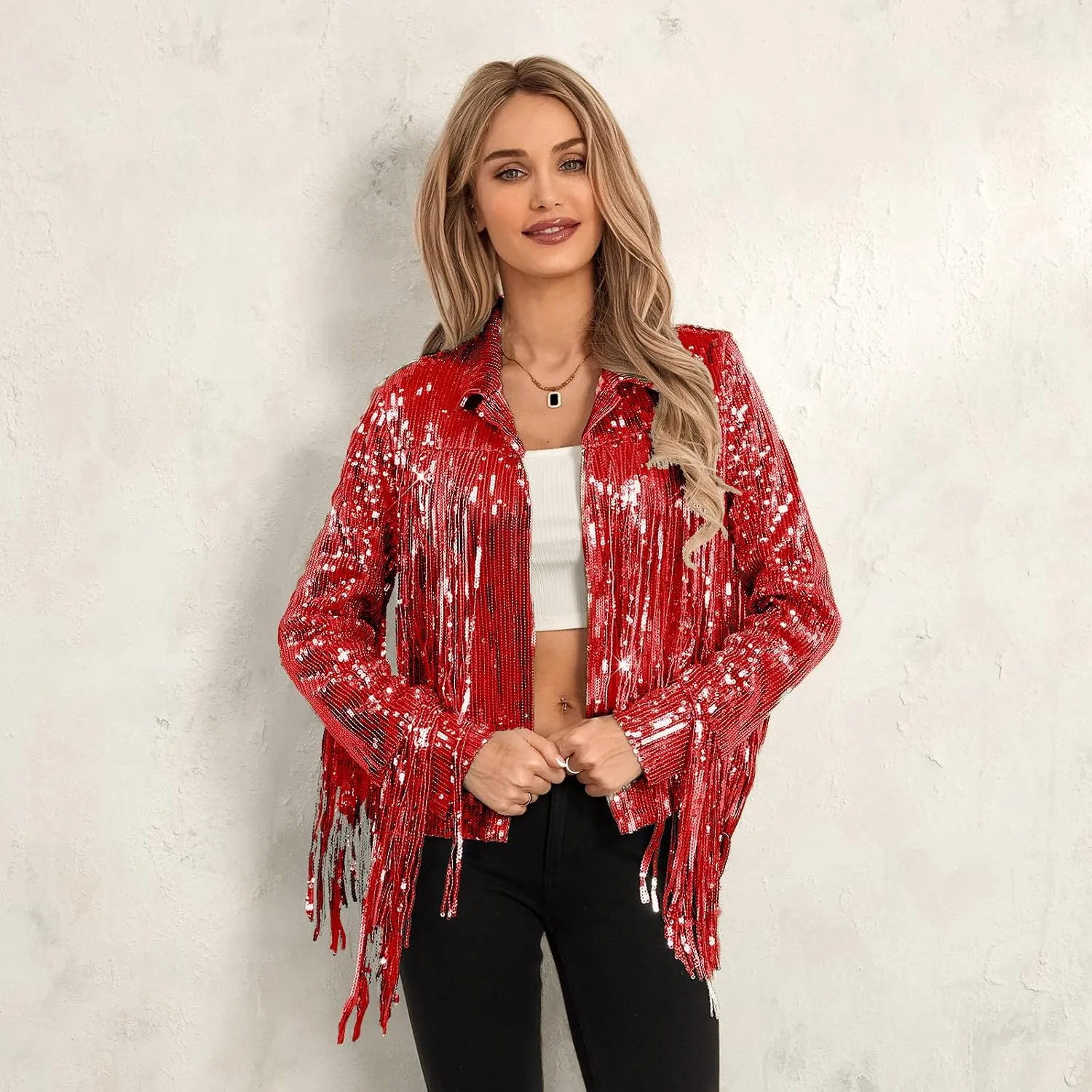 FEORJGP Women Sparkly Sequin Jacket Shiny Glitter Tassel Fringe Hem Disco Jacket Sequin Fringe Jacket Coat Y2K 90s Streetwear