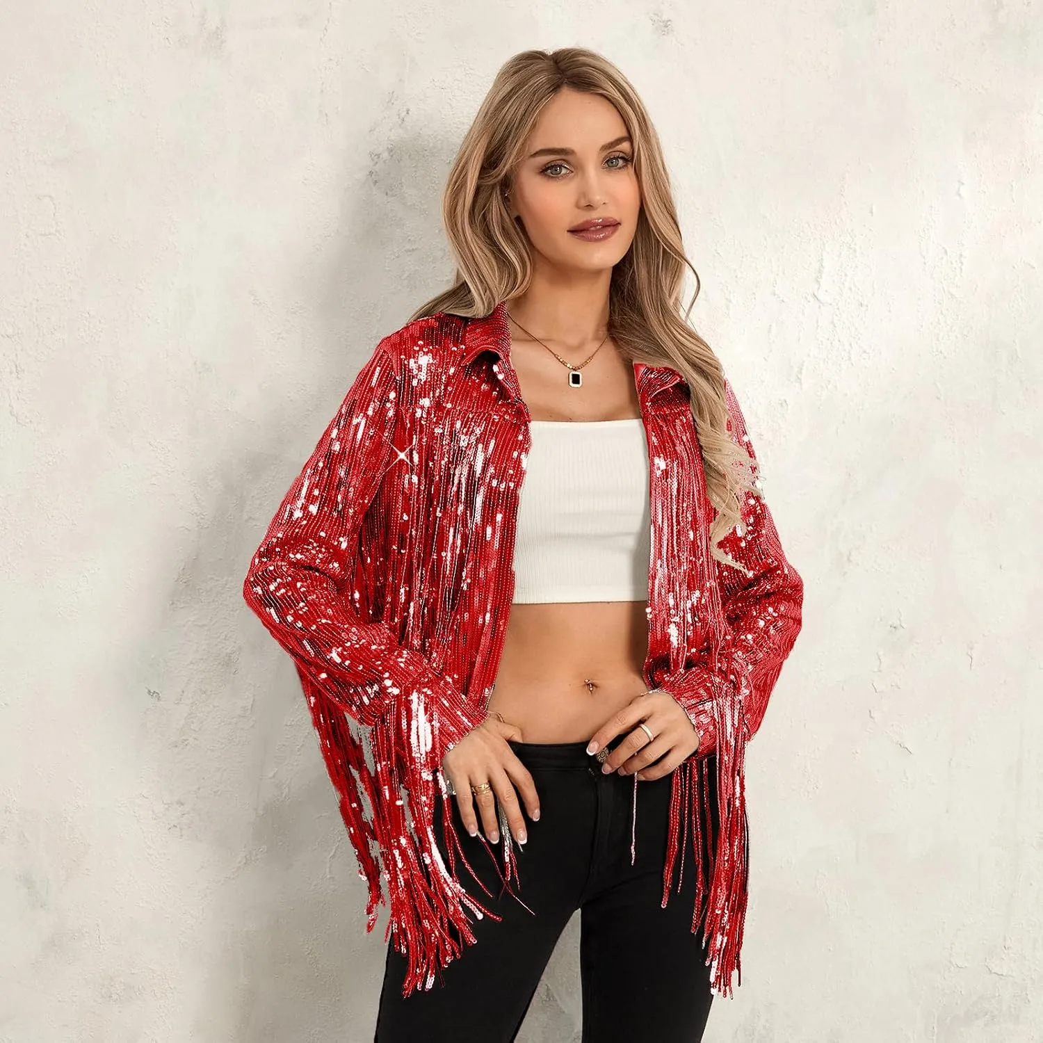 FEORJGP Women Sparkly Sequin Jacket Shiny Glitter Tassel Fringe Hem Disco Jacket Sequin Fringe Jacket Coat Y2K 90s Streetwear