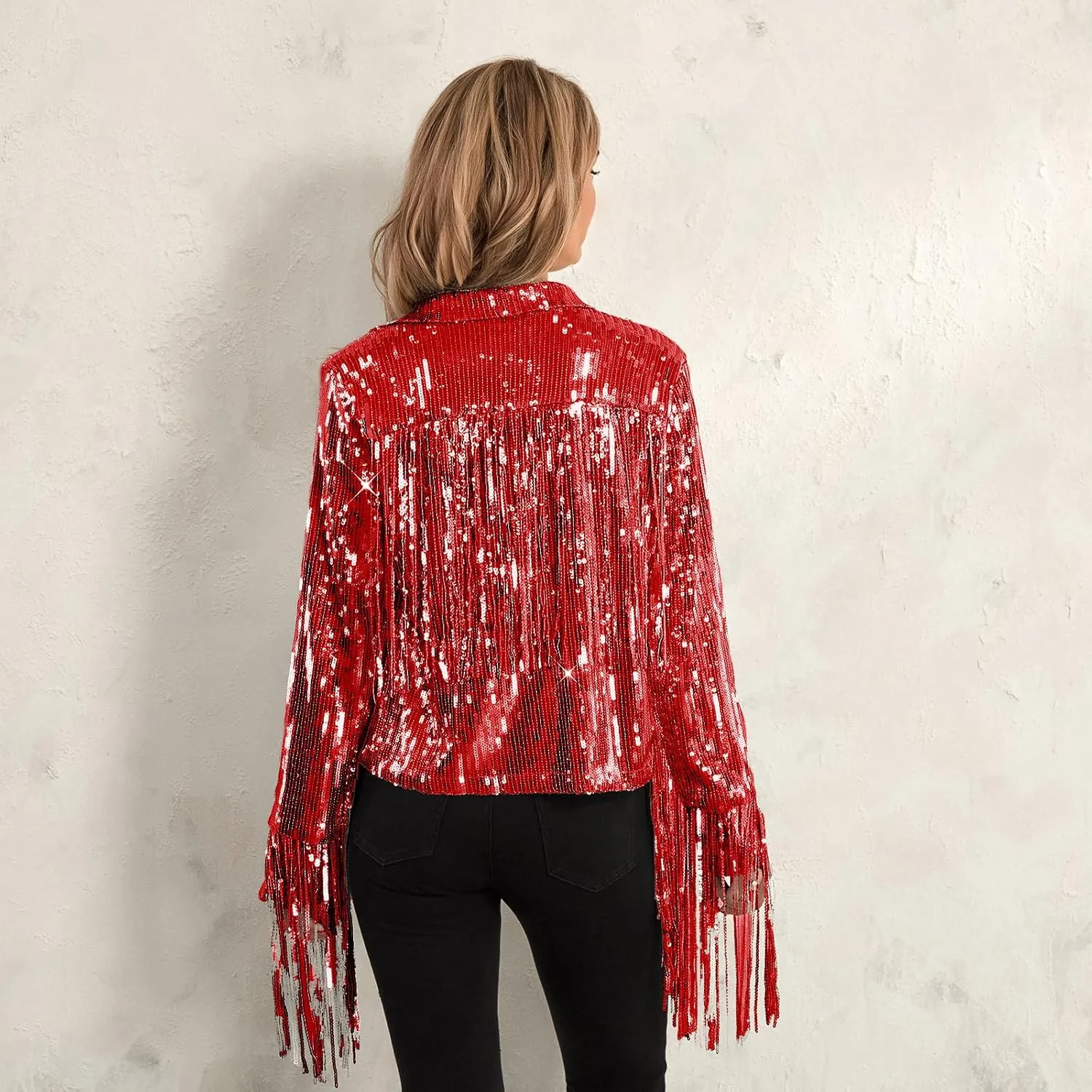 FEORJGP Women Sparkly Sequin Jacket Shiny Glitter Tassel Fringe Hem Disco Jacket Sequin Fringe Jacket Coat Y2K 90s Streetwear