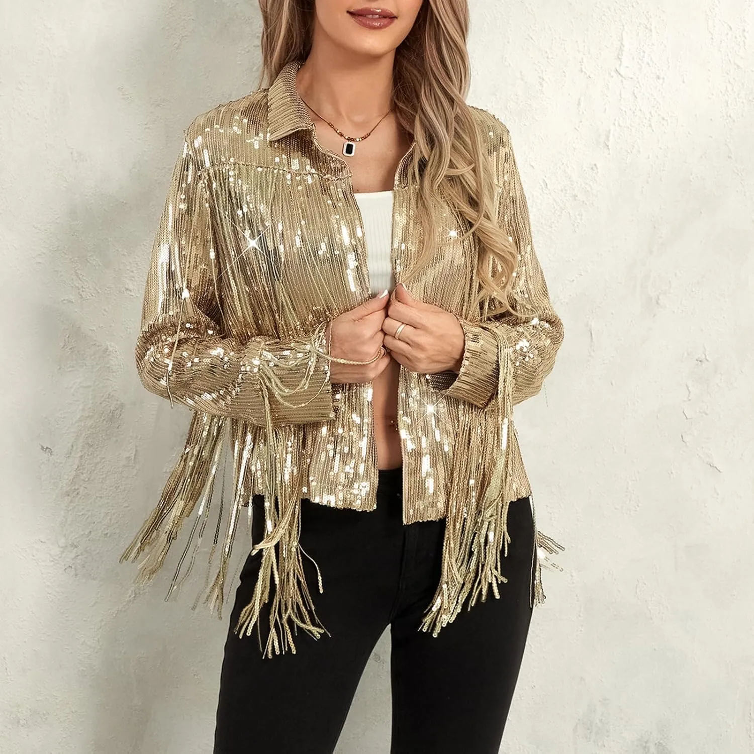 FEORJGP Women Sparkly Sequin Jacket Shiny Glitter Tassel Fringe Hem Disco Jacket Sequin Fringe Jacket Coat Y2K 90s Streetwear