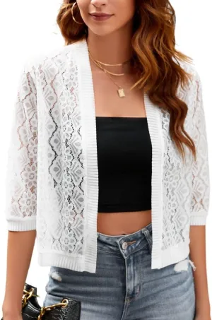 FindThy Womens Casual Summer Lace Cardigan Open Front 3/4 Sleeve Solid Lace Shrug Cover Up