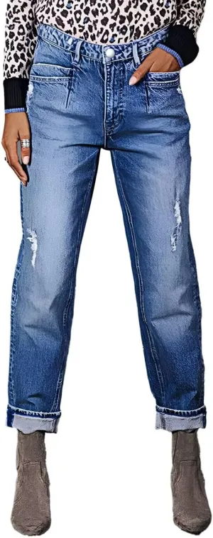Flamingals Striaght Leg Jeans for Women Mid Rise Boyfriend Ripped Wash Roll Hem Cropped Jeans