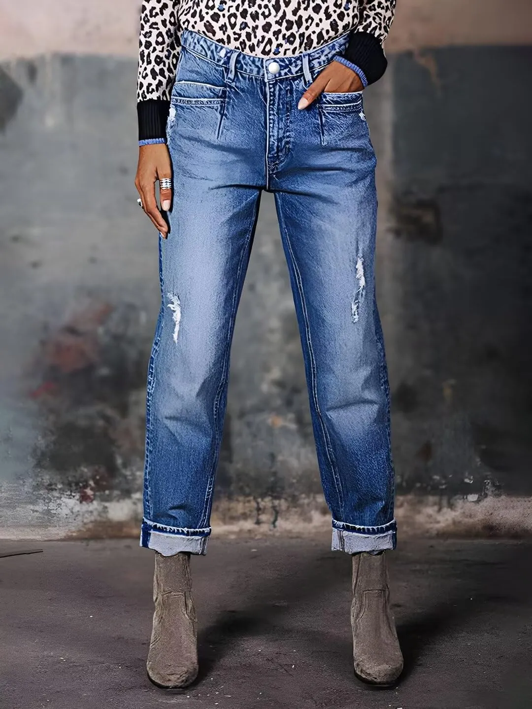 Flamingals Striaght Leg Jeans for Women Mid Rise Boyfriend Ripped Wash Roll Hem Cropped Jeans
