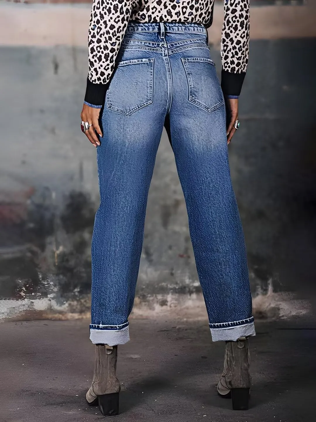 Flamingals Striaght Leg Jeans for Women Mid Rise Boyfriend Ripped Wash Roll Hem Cropped Jeans