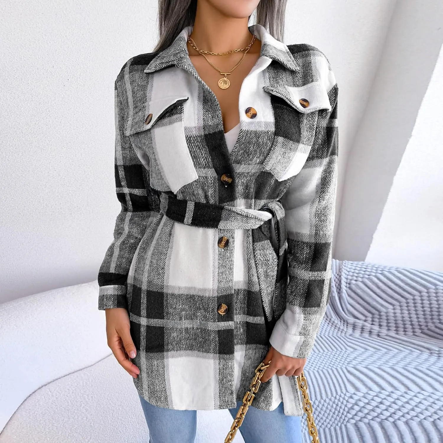 Flannel Shirts for Women Winter Tartan Jacket Tartan Trench Coat with Belt Quilted Lined Shacket Jacket