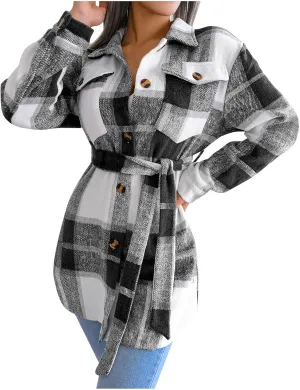 Flannel Shirts for Women Winter Tartan Jacket Tartan Trench Coat with Belt Quilted Lined Shacket Jacket