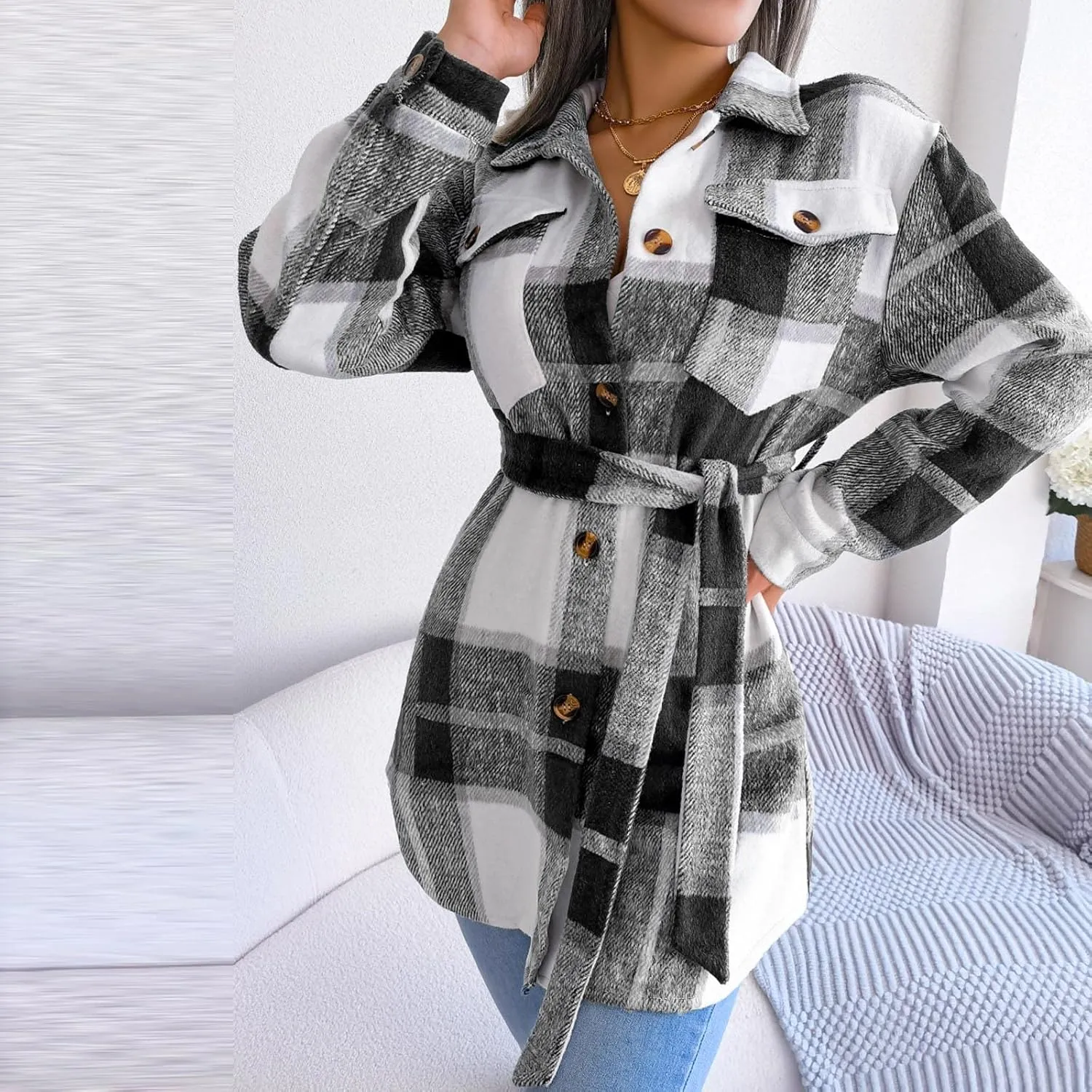 Flannel Shirts for Women Winter Tartan Jacket Tartan Trench Coat with Belt Quilted Lined Shacket Jacket
