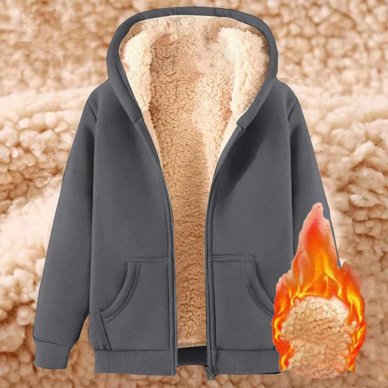 Fleece Lined Jackets for Men Winter Coats Fashion Zip Up Hoodies Sweatshirts Warm Sherpa Cardigan Sweater with Pocket