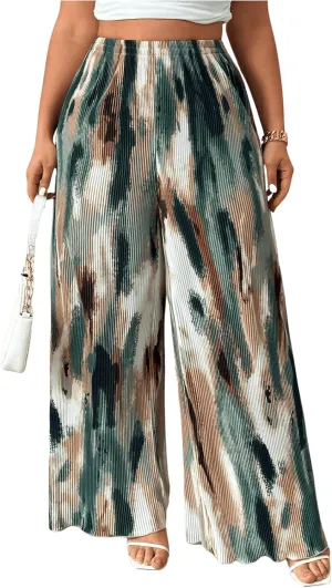 Floerns Women's Plus Size Tie Dye Pleated Palazzo Pants High Waist Wide Leg Loose Pants