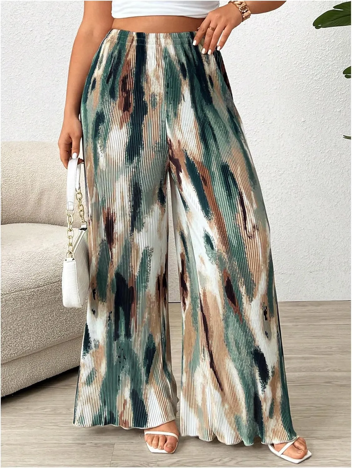 Floerns Women's Plus Size Tie Dye Pleated Palazzo Pants High Waist Wide Leg Loose Pants