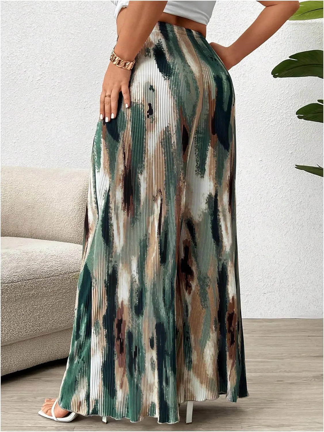 Floerns Women's Plus Size Tie Dye Pleated Palazzo Pants High Waist Wide Leg Loose Pants