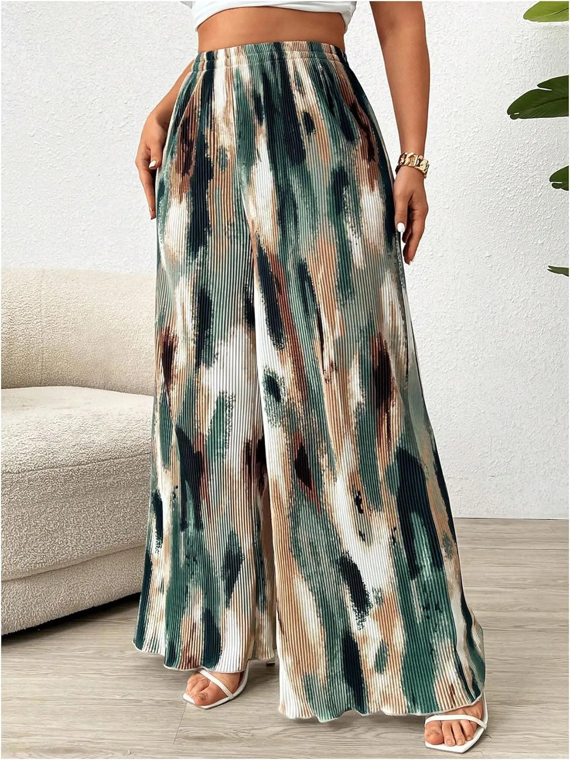 Floerns Women's Plus Size Tie Dye Pleated Palazzo Pants High Waist Wide Leg Loose Pants