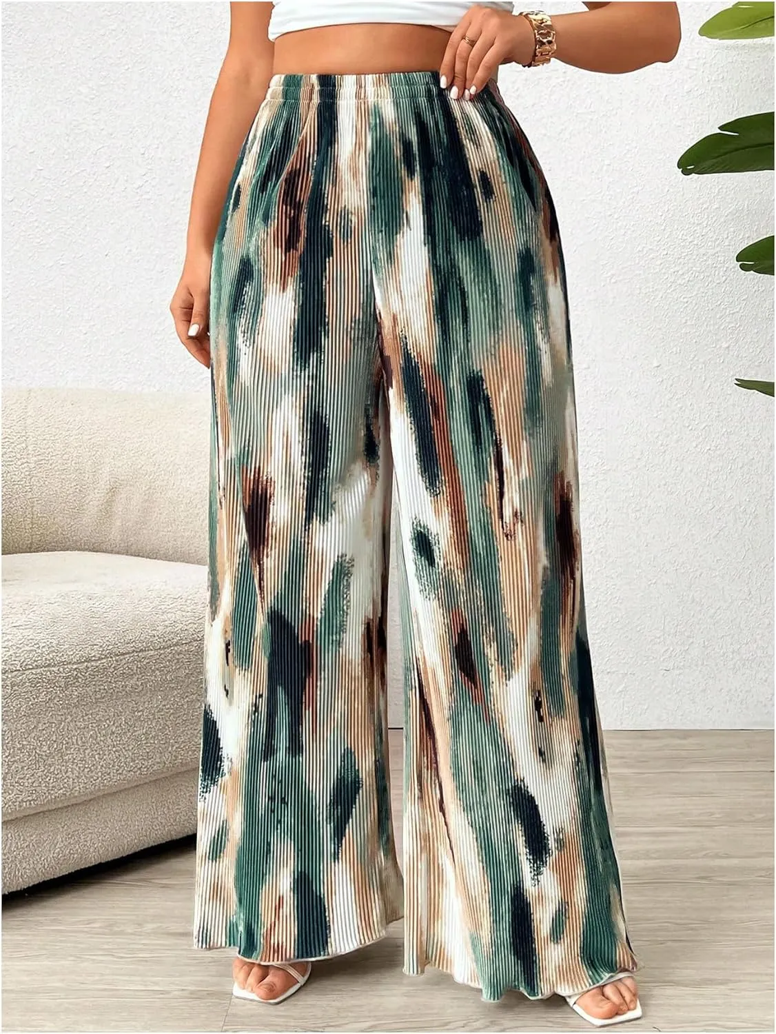 Floerns Women's Plus Size Tie Dye Pleated Palazzo Pants High Waist Wide Leg Loose Pants
