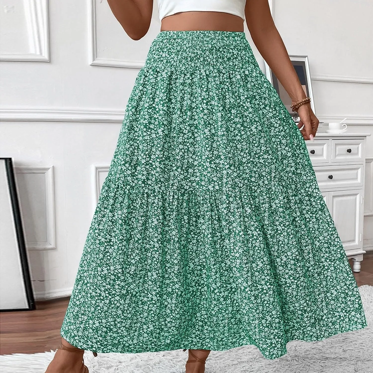 Floral Print Skirt for Womens High Waisted Elasic Cotton Bboho Skirts Casual Flowy Swing Pleated A-Line Maxi Skirt