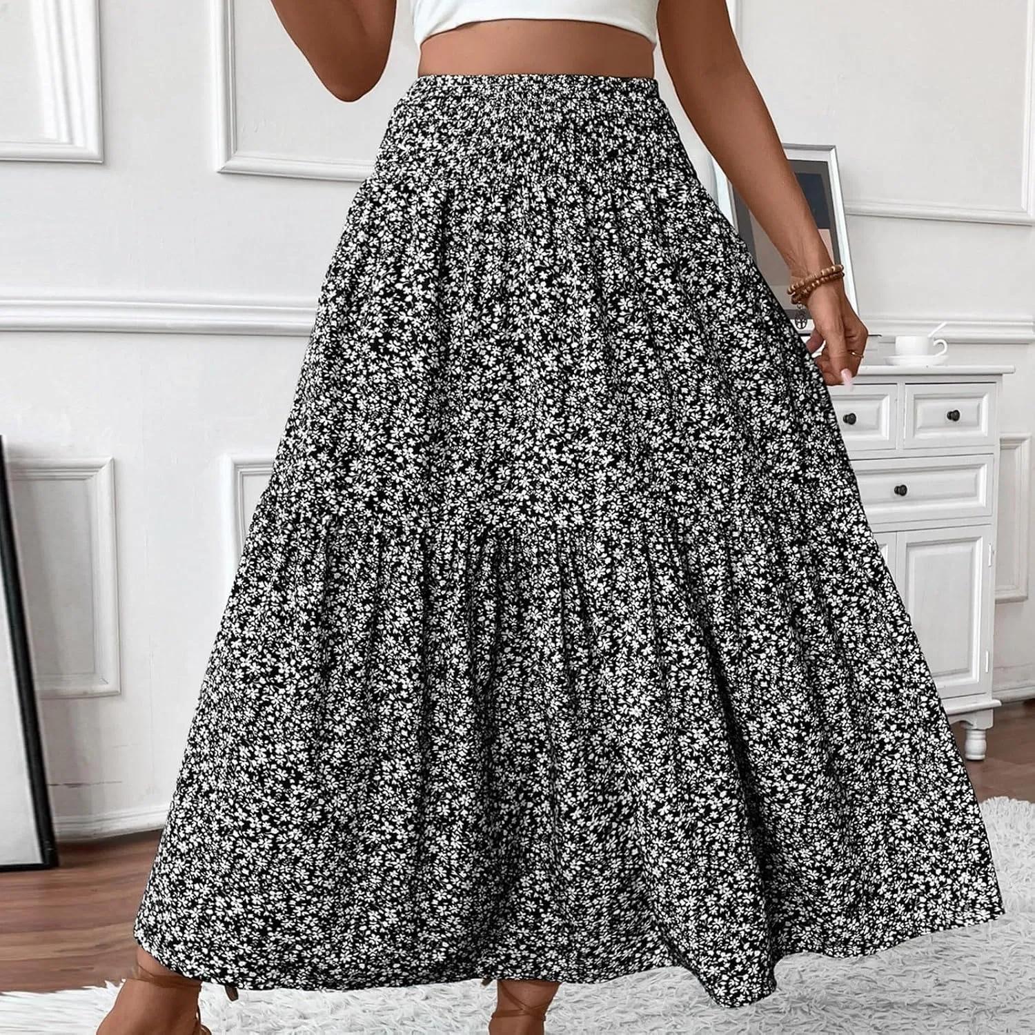 Floral Print Skirt for Womens High Waisted Elasic Cotton Bboho Skirts Casual Flowy Swing Pleated A-Line Maxi Skirt
